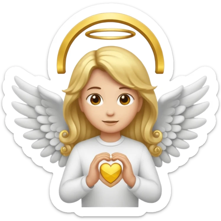 "Um emoji de anjo com cabelos loiros, um halo, asas, segurando um sinal de 'compartilhar' em letras em negrito." sticker