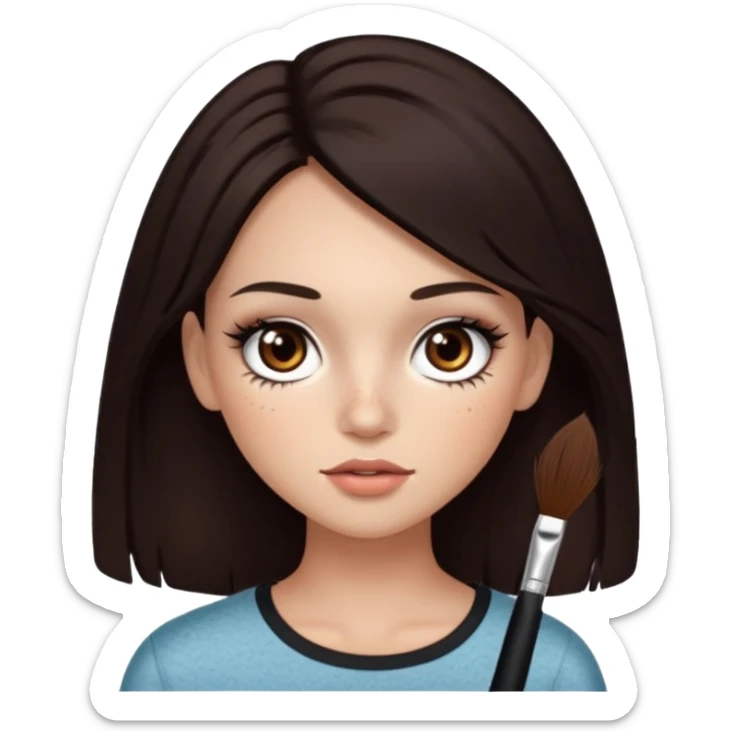 too dark brown 3b hair with dark brown eyes and too long lashes and some make up with freckle and light brown skin sticker