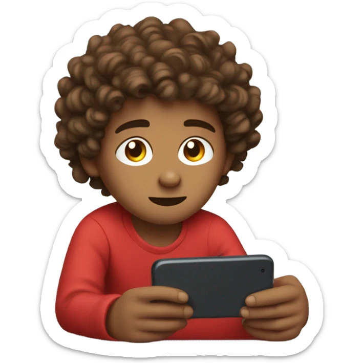 Create a young brown boy with curly hair in red clothing lying down at his bed scrolling off his phone. sticker