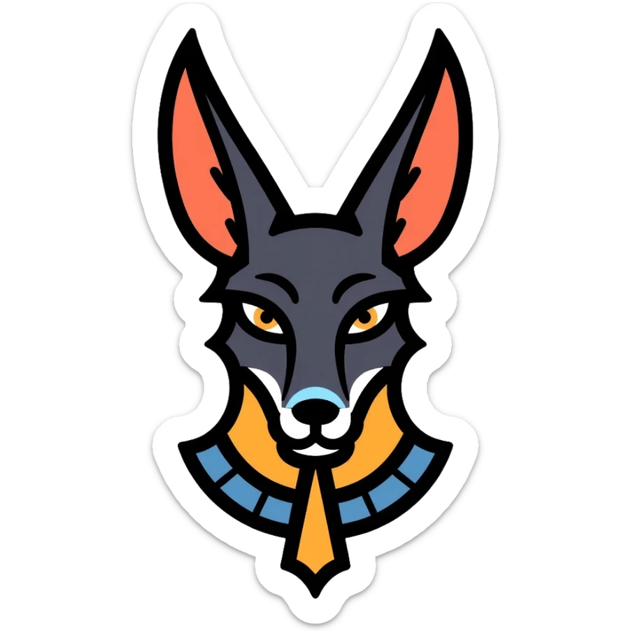Egyptian god Anubis with jackal head, headdress, collar sticker