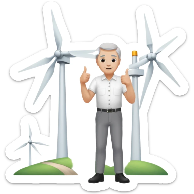 an older white man with grey hair and a white shirt and black pants doing a thumbs up pose, standing next to a silver wind turbine sticker