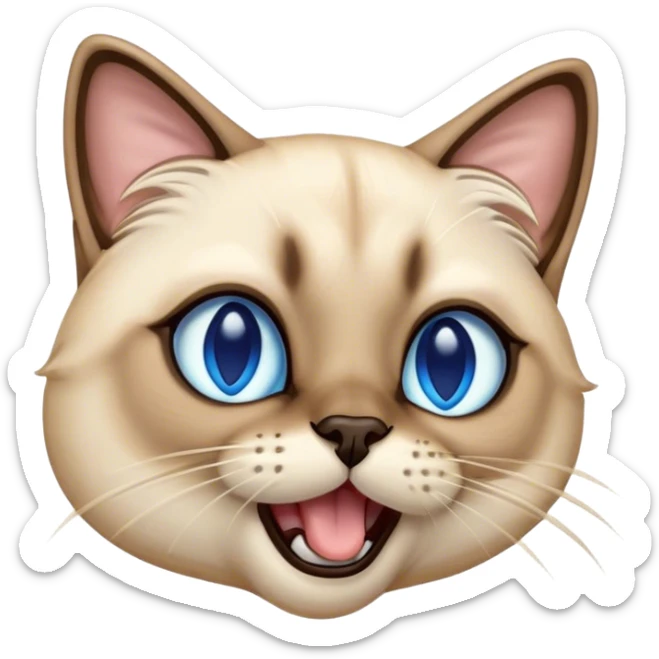Cinematic Cute Yawning Siamese Cat Portrait Emoji, Head tilted slightly with a dramatic, wide-open yawn, sleek cream-colored fur with contrasting dark points on the ears, face, paws, and tail, piercing sapphire-blue eyes that are barely open, Simplified yet irresistibly adorable features, highly detailed, glowing with a soft, cozy glow, high shine, relaxed yet expressive, stylized with a touch of whimsy, bright and endearing, soft glowing outline, capturing the essence of a sleepy yet affectionate kitty, so drowsy it feels like it could stretch right out of the screen and curl up for a nap! sticker