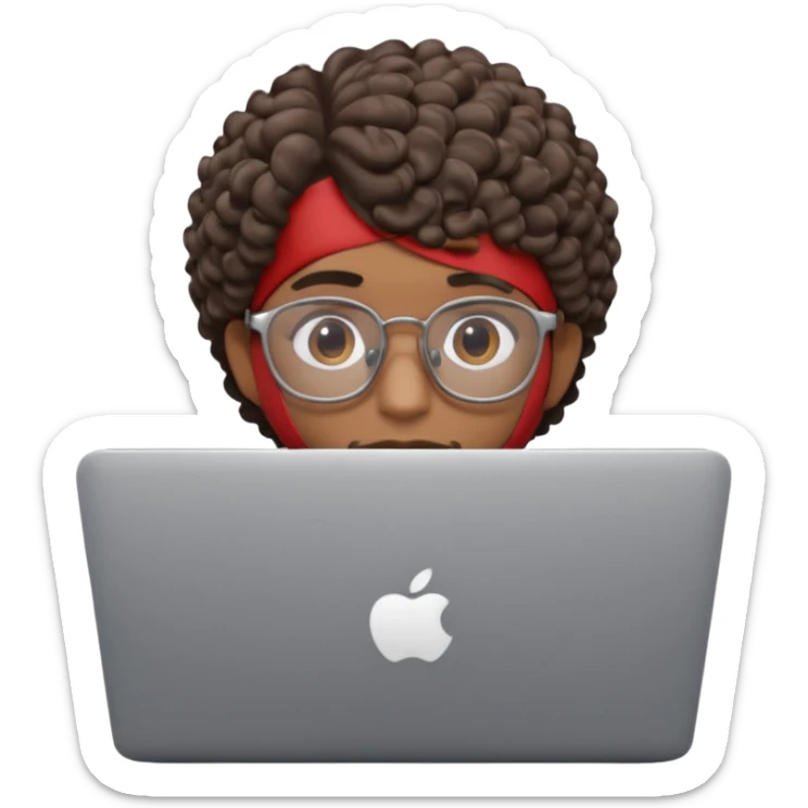 3D Apple Memoji–style emoji, brown-skinned male character, short curly hair, thick glasses, calm focused eyes, peeking over silver laptop, transparent PNG, 4K. sticker