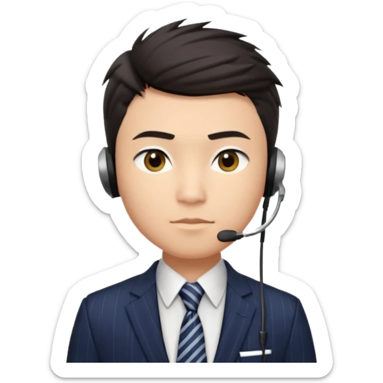 gay young Asian man with light skin, short dark hair styled upward with a sharp spiked swoop in front, slightly narrowed almond-shaped eyes with a confident, knowing squint, a clean-shaven face, and a sleek single-ear headset, wearing a dark pinstripe suit with a patterned shirt tie sticker