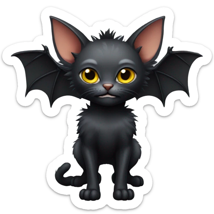 Black Lykoi Cat with Bat wings on head and big fangs full body sticker