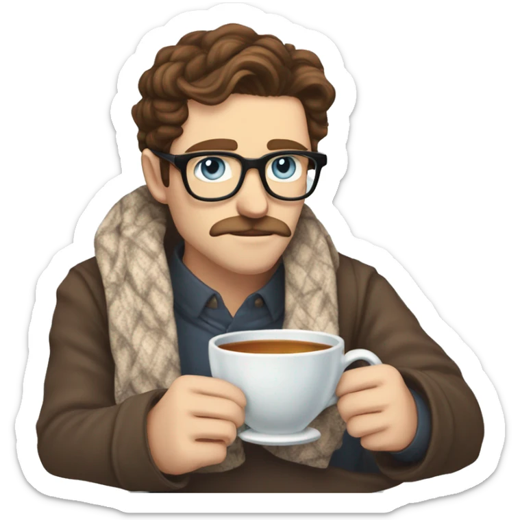 brown hair blue eyes moustache and Soul patch pale guy with glasses drinking tea with blanket on sticker