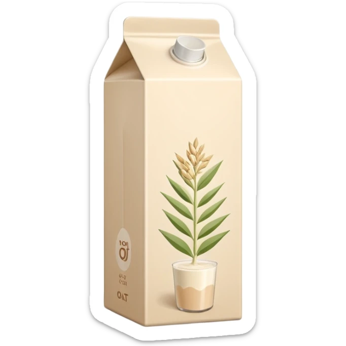 beige plant milk carton, minimalist, upright with fold-top or screw cap, subtle oat graphic, modern eco-friendly, no branding, soft lighting, emoji scale sticker