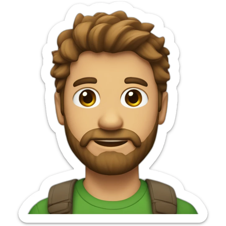 hombre de pelo castaño con barba, y ojos verdes con un dinosaurio sticker