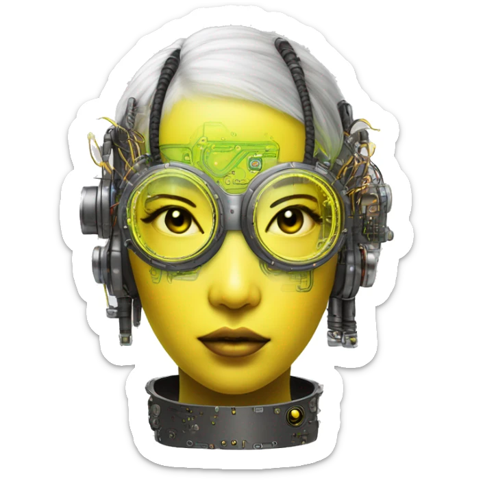Neon yellow bobbed hair Asian female cyborg head with silver steampunk goggles and circuits sticker