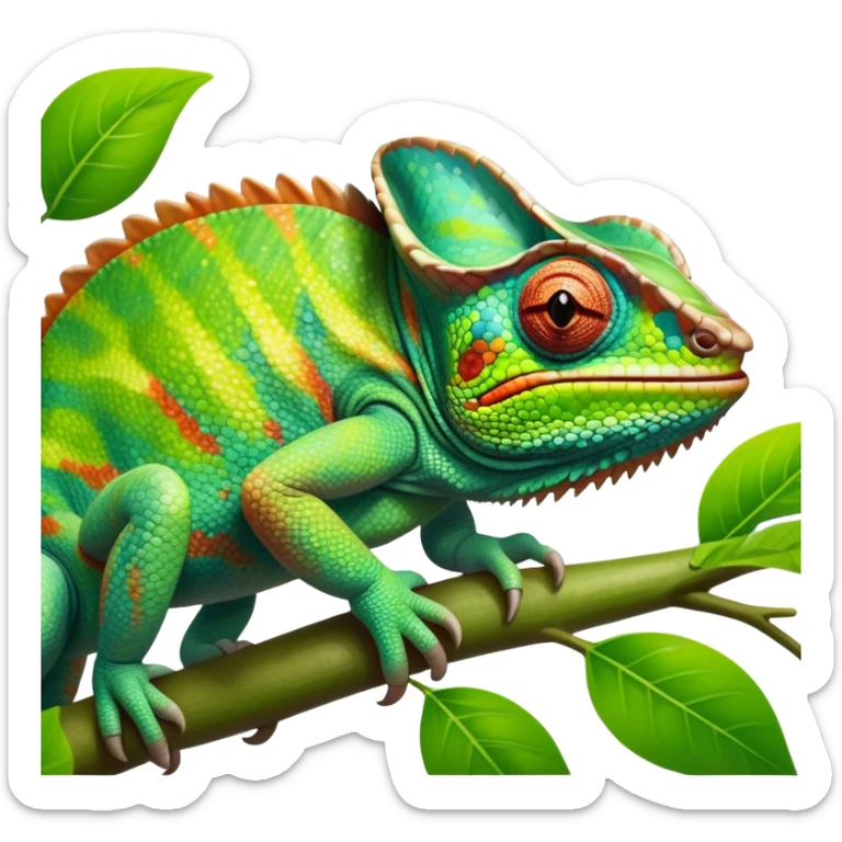 giant-chameleon-realistic emoji,-blending-with-vibrant-greenery.-detailed-scales-in-shifting-colors,-showing-the-chameleon’s-ability-to-camouflage.-soft-natural-light-highlights-its-texture.-nature-background, zoomed into its face sticker