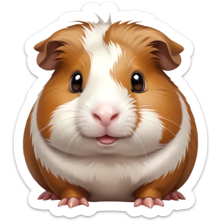 Cinematic Cute Brown and White Banded Guinea Pig Portrait Emoji, Head tilted playfully and inquisitively, showcasing a fluffy coat with playful brown and white banded patterns, round, sparkling dark eyes filled with curiosity, Simplified yet irresistibly adorable features, highly detailed, glowing with a warm, friendly glow, high shine, affectionate and spirited, stylized with a touch of whimsy, bright and endearing, soft glowing outline, capturing the essence of a mischievous yet loving guinea pig, so playful it feels like it could dash out of the screen and into your arms! sticker