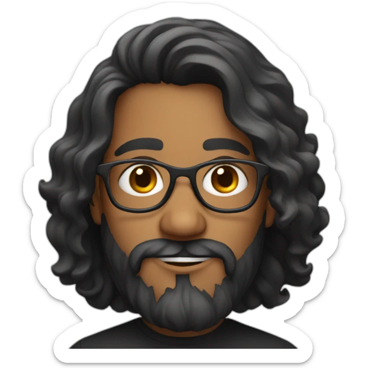 Indian man with long wavy hair, well groomed beard, glasses and a black tee sticker