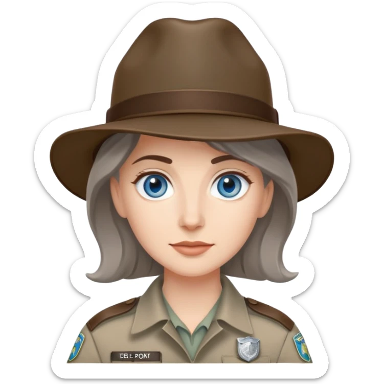 white woman park ranger with blue eyes and brown and gray hair sticker