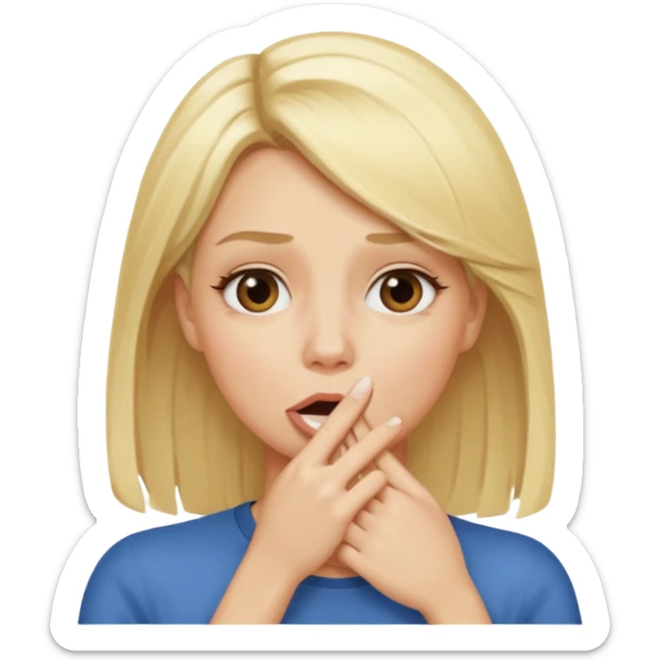 woman with blonde hair and hand over mouth sticker