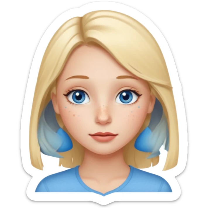 Una ragazza con ciglia lunghe occhi azzurri capelli biondi labbra sottili ma a cuore guance rosacee e lentiggini sul naso sticker