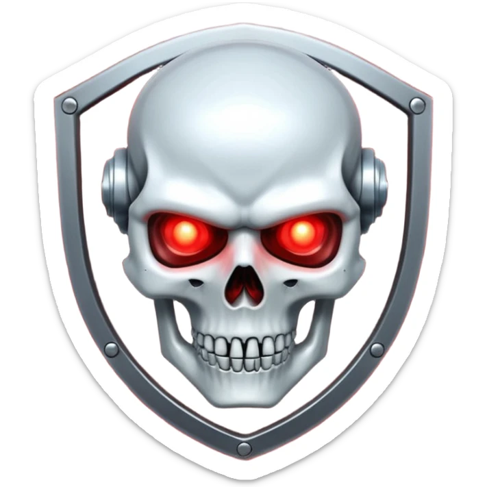 Sci-fi shield badge, terminator style skull, glowing red eyes, crossed futuristic starwars light sable, no background sticker