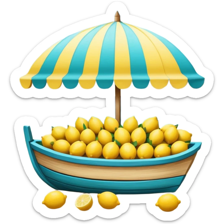 Mediterranean lemon stand by the sea, blue and white striped canopy
Fresh yellow lemons stacked, wooden boats and turquoise water background
Bright sunlight, Italian coastal summer vibe, vibrant colors sticker
