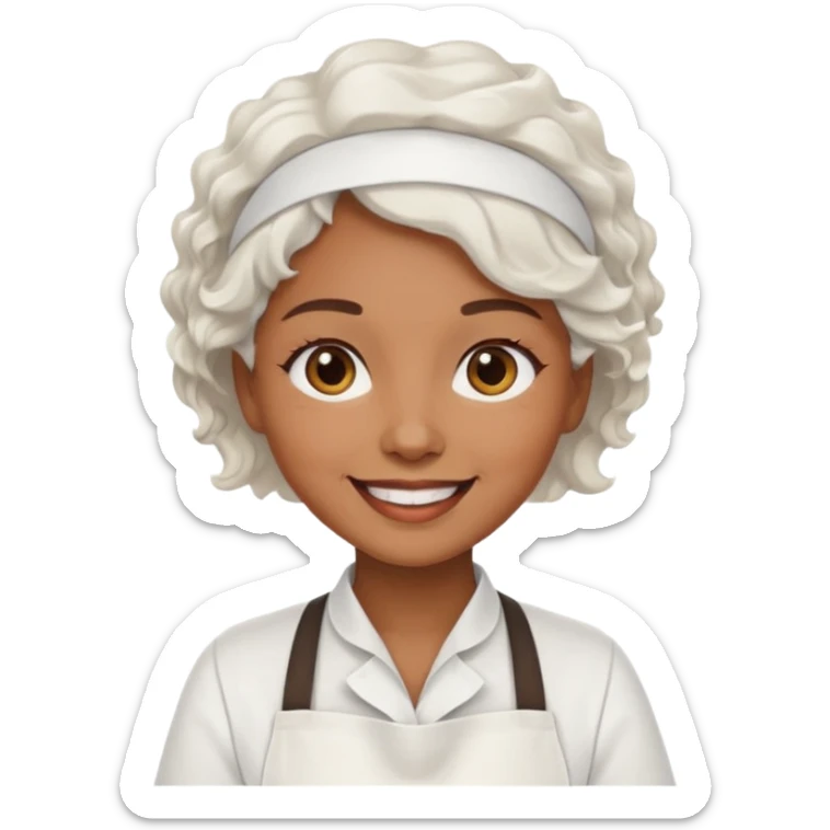 woman, brown skin, white short wavy hair, with apron sticker