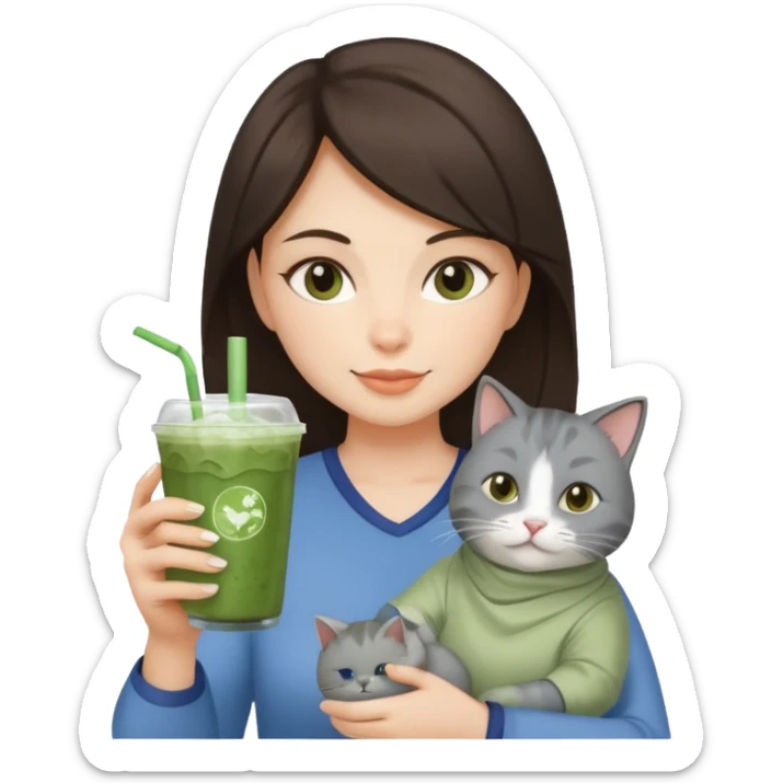 a brunette woman in here 30S drinking an iced matcha, carrying a grey cat and a map of the world sticker