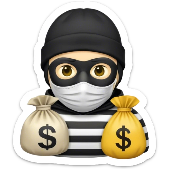 A Robber Emoji, the robber is Male, has a Black Beanie hat, has a shirt with black and white stripes, a black mask thing around his eyes, and a yellowish money bag on his right shoulder, we can only see his upper body from his chest and his face sticker