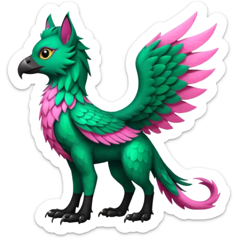 Emerald-green gryphon-Trico-fusion-hybrid with a long tufted tail, black beak, pink swirly pattern markings, black claws, black tail, majestic, realistic, furry (full body) sticker