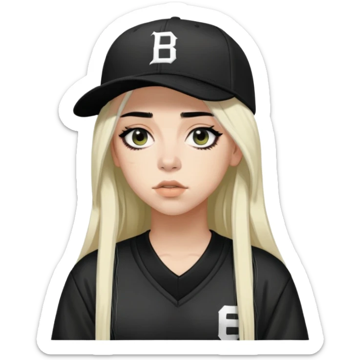billie eilish long black hair dark eyeliner makeup, wearing caps and jersey sticker