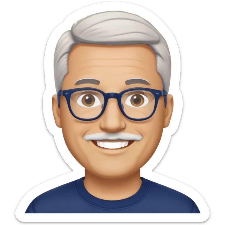 Light-skinned wider-built man with oval face, very close-cut hair (shorter on top, skin fade), short graying beard, big black glasses frames, happy smile, navy blue zip-up sweatshirt with long sleeves sticker
