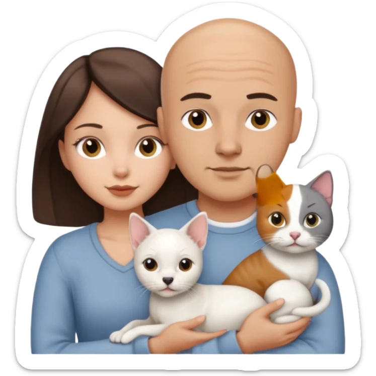 Bald guy with brunette girl and white puppy and Grey cat sticker