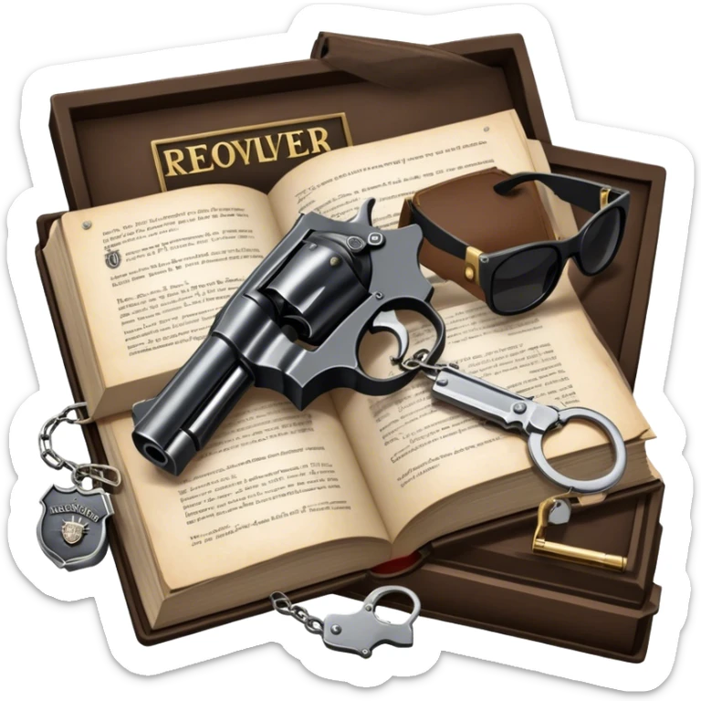 Icon for Action & Crime Reading: an open book, a revolver, handcuffs. Surrounding elements include a dark alley, a police badge, and a pair of sunglasses. The icon should evoke tension, suspense, and action.  Transparent background. sticker