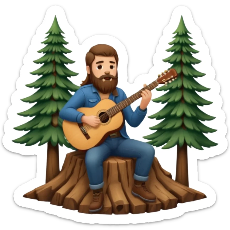 forest sticker character, bearded man with long brown hair playing acoustic guitar by pine trees sticker