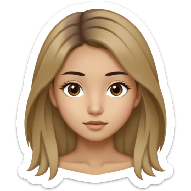 A thin girl with Mongolian roots, shoulder-length dark blonde hair with light strands framing her face, large slightly slanted dark brown eyes, olive skin, and medium-width light brown eyebrows sticker