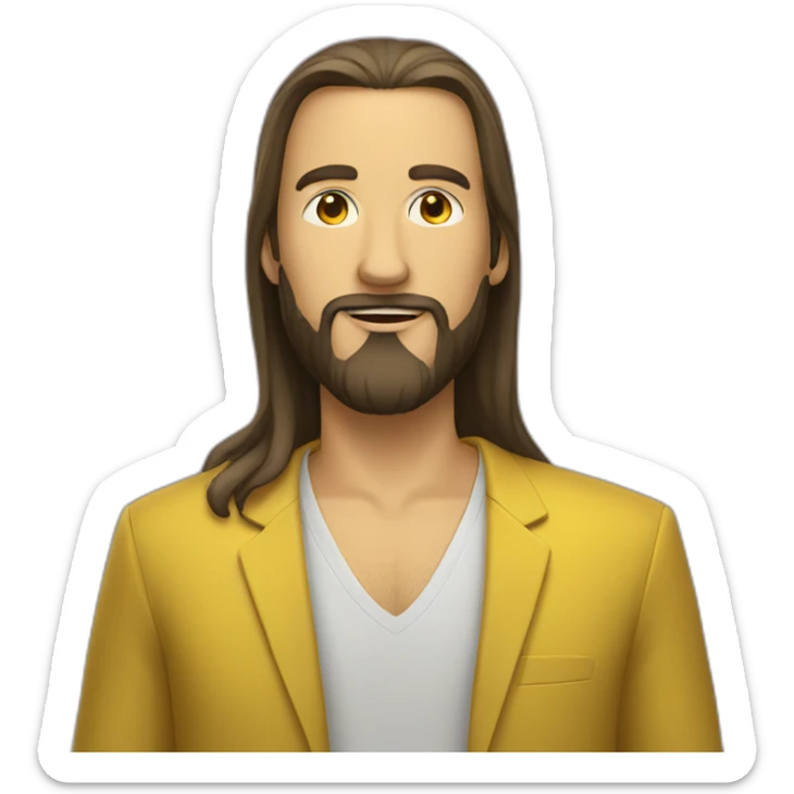 A man with long hair, a beard and a black shirt behind a yellow suit sticker