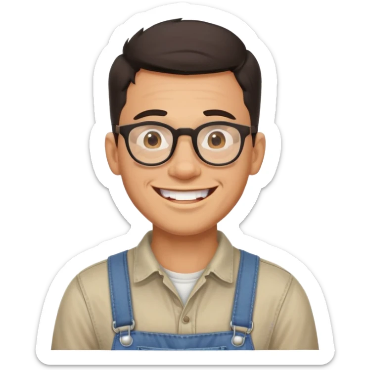 smiling dark-haired man with glasses, big teeth, standard male haircut, rural farmer sticker