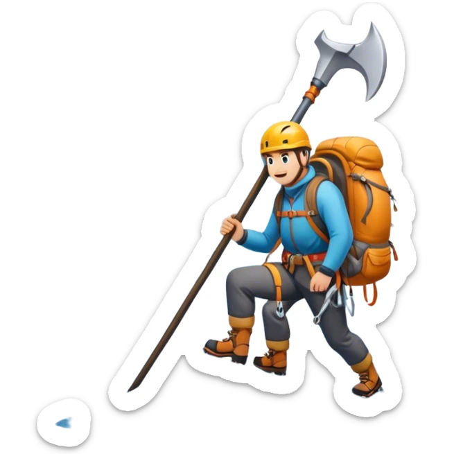 Icon for Mountain Tourism and Climbing: a mountain peak in the background, an ice axe, and climbing gear and backpack. The icon should capture the adventure and challenge of alpine exploration. Transparent background. sticker