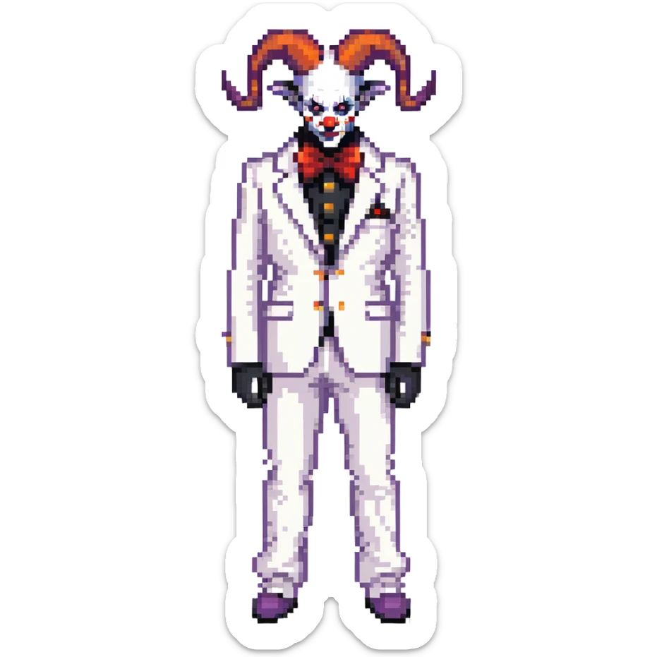 full-body demonic clown in a white leisure suit with bellbottom pants, bald, with black ram horns, wearing elevator shoes sticker