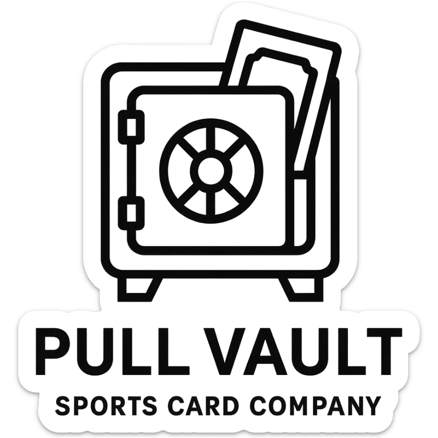 logo for Pull Vault, sports card company, minimalist, with a vault and card icon, strong lines sticker