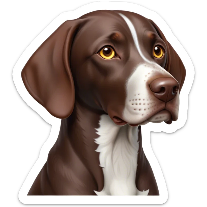 Cinematic Noble German Pointer Portrait Emoji, Poised and regal, with a lean, athletic build and a sleek, short coat in liver and white, deep-set soulful brown eyes, Simplified yet sharp and sophisticated features, highly detailed, glowing with a soft, dignified glow, high shine, intelligent and driven, stylized with an air of determination, focused and attentive, soft glowing outline, capturing the essence of a watchful and commanding hunter, so majestic it feels as though it could sprint out of the screen with effortless authority! sticker