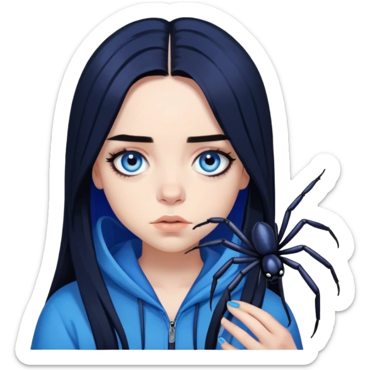 billie eilish, blue eyes, long black hair, dark eyeliner makeup, holding blue spider sticker