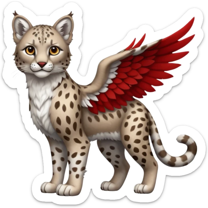 Winged hyper-realistic Feral Rare realistic edgy brown, white, red pretty beautiful handsome gorgeous aesthetic colorful vibrant Vernid-Trico-Silvally-Nargacuga-Gryphon-fusion-hybrid-species-Fakemon-creature by LiLaiRa, random markings, tufted ears, full body with snow-leopard-pattern-markings sticker