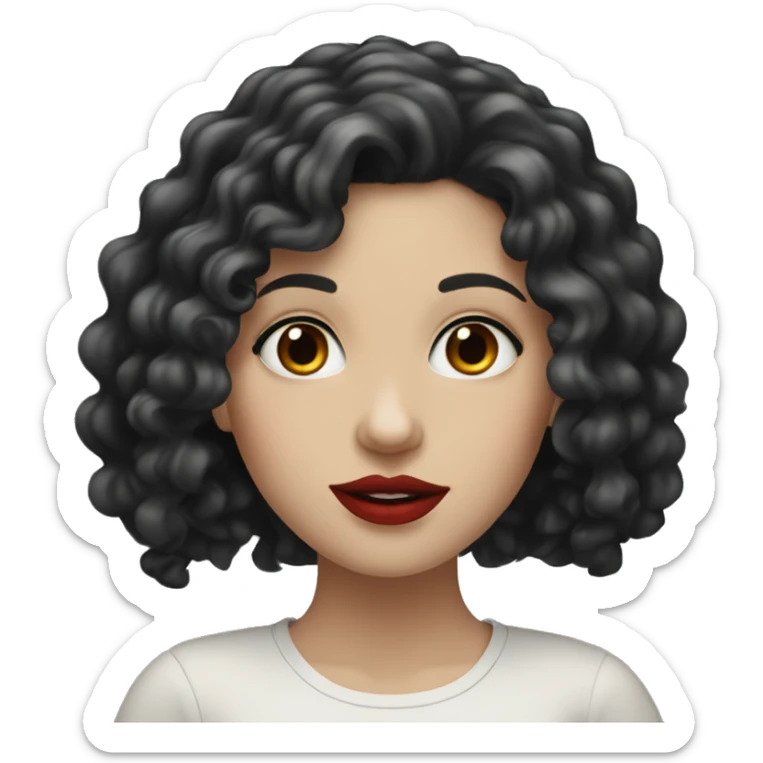 White girl, with curly long black hair, with red lipstick sticker