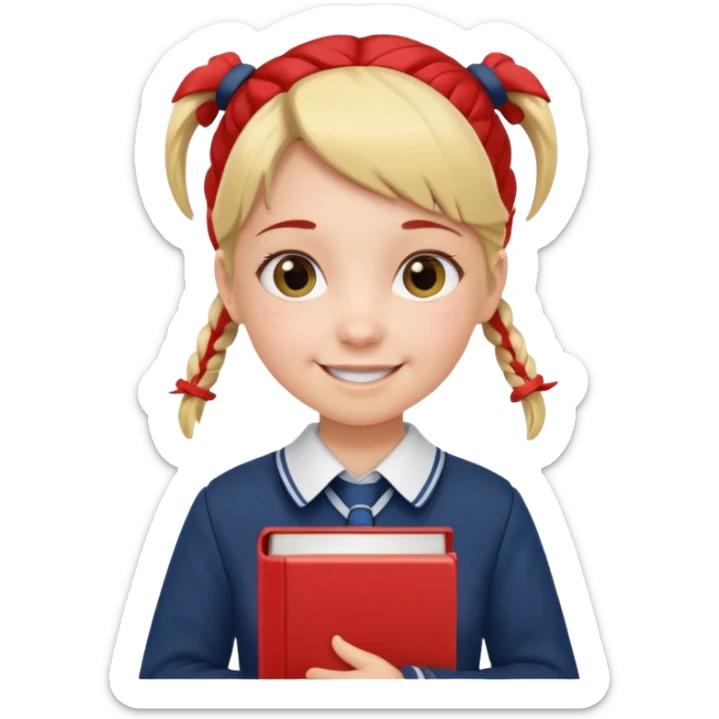 girl with pigtails in a school uniform, holding a book sticker