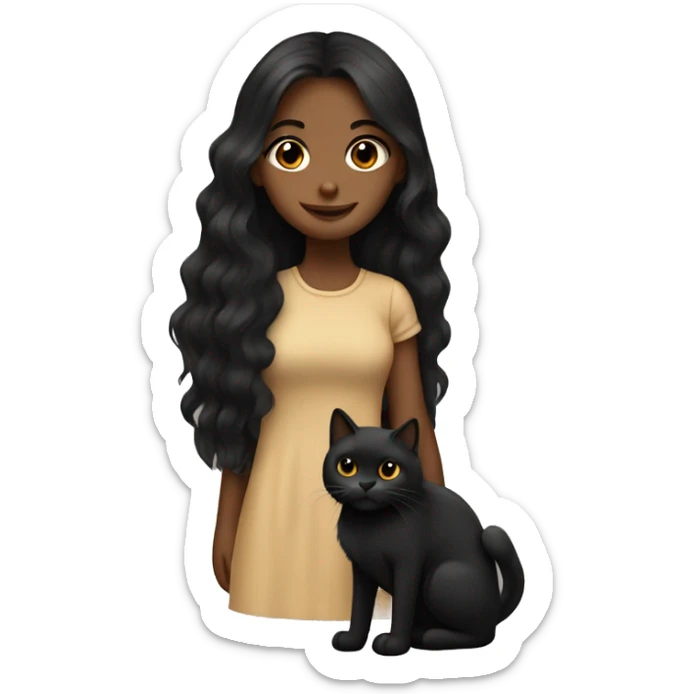 Tan girl with long dark hair holding a fluffy black cat sticker