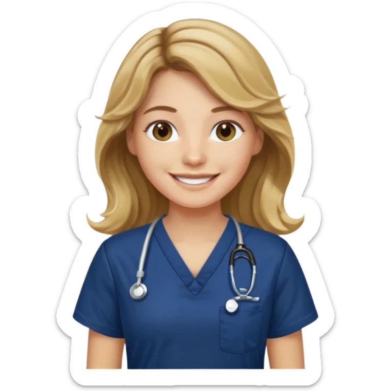 Long wavy brown hair with blonde highlights and a navy blue scrub top smiling sticker