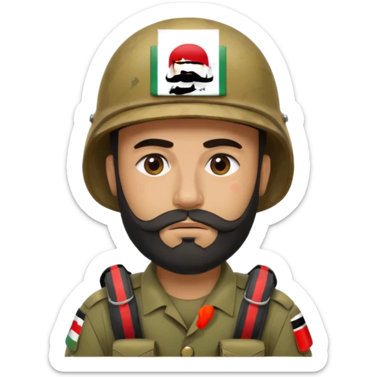 A tired and sad, swarthy Iraqi soldier with a beard, an Iraqi flag on his helmet, a sad expression and bags under his eyes sticker