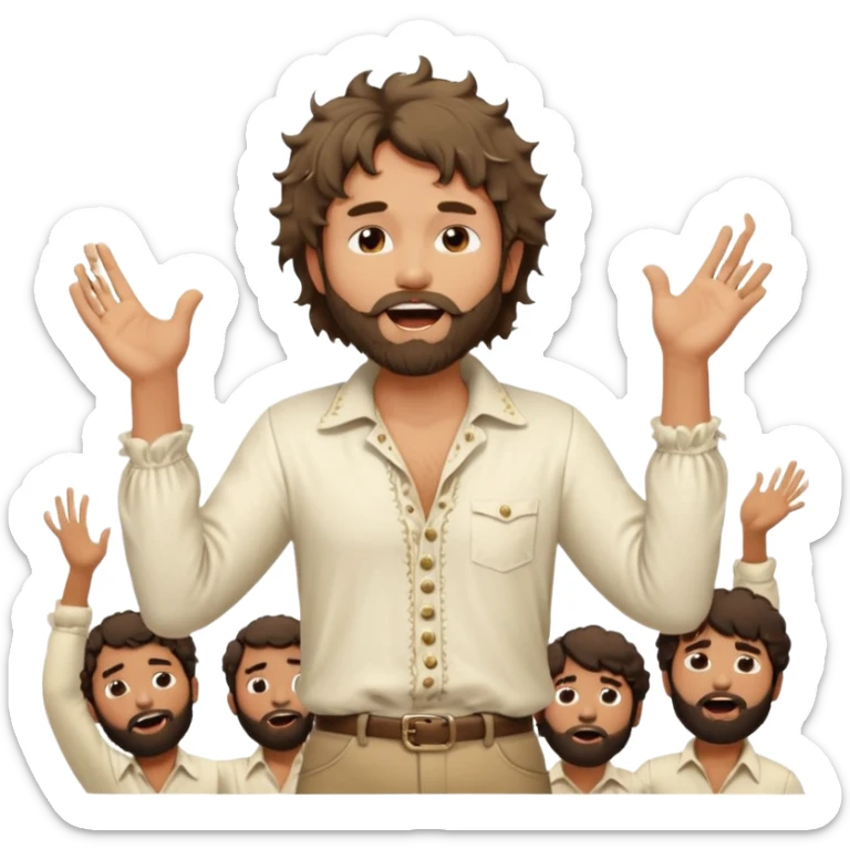 solarpunk realistic ultra HD - messy, shaggy, bearded Jim Morrison in an ivory Victorian shirt, in an ecstatic dramatic pose, singing on stage sticker