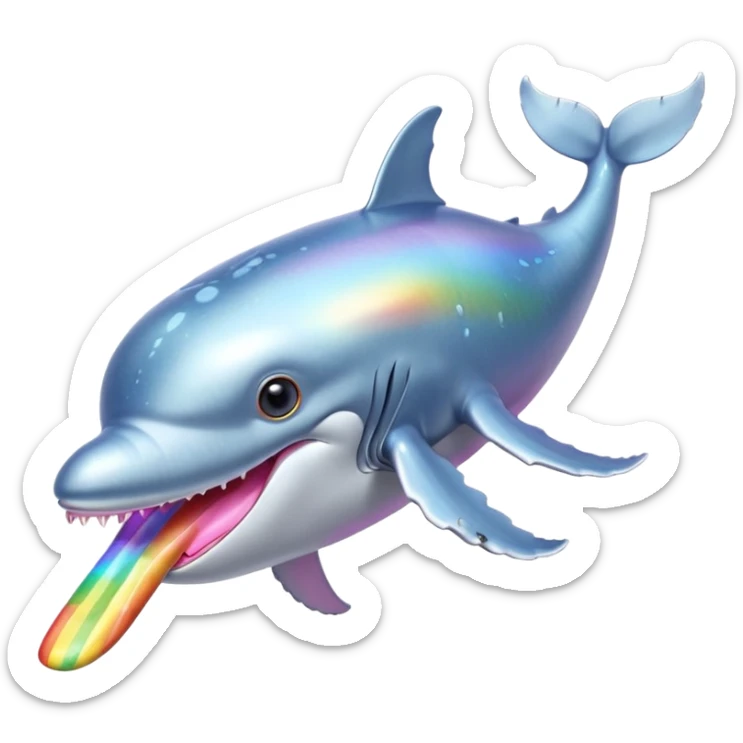 ice pastel baby blue, platinum grey and steel silver skin humpback whale with pink tongue and with tawny amber and yellow eyes with black pupils and barnacles and iridescent rainbow shine on its back sticker