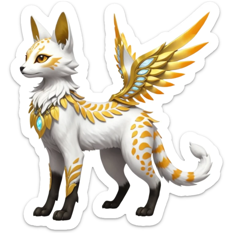 Epic complex fantasy glorious detailed futuristic divine godly angelic feathery sunny, white, albino, pastel, golden, orange glowing sparkly, realistic Fakémon-Sprigatito-Floragato-Meowscarada-Trico-Sergal-Serval-Solgaleo-Vernid-creature (full body) solarpunk, shiny sparkly with a gold laurel sticker