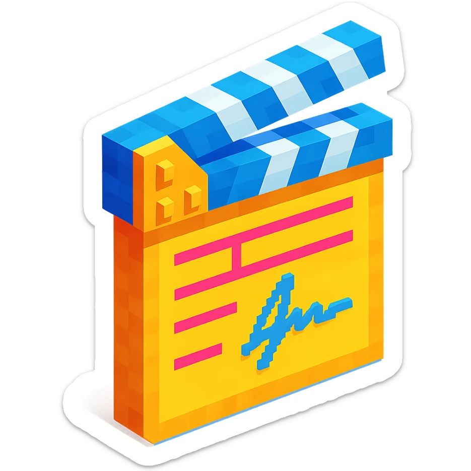 voxel style movie clapperboard with a director's signature, isometric view sticker