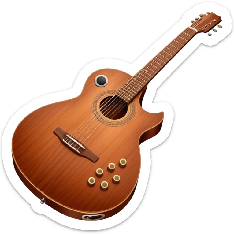 Cinematic Realistic Guitar, smooth mahogany body with intricate wood grain, steel strings reflecting soft light, gentle hand positioning on the fretboard, glowing with warmth and musical soul. sticker