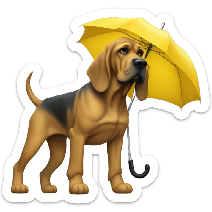Full body blue and yellow bloodhound in the rain with an umbrella. sticker